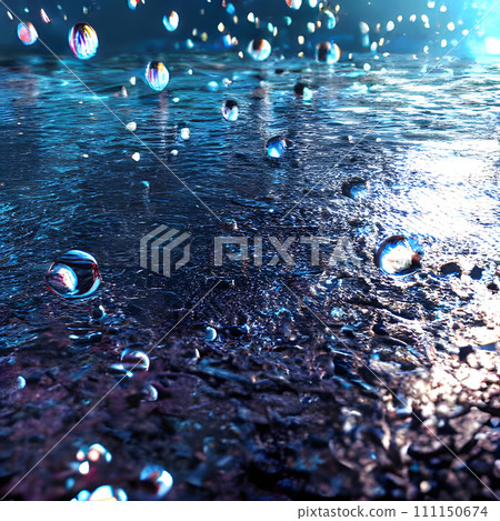 Groups of water droplets fall on the water surface with beautiful blue light. Generative AI. 111150674