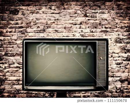 old television sitting on a stand in front of a brick wall. Generative AI 111150678