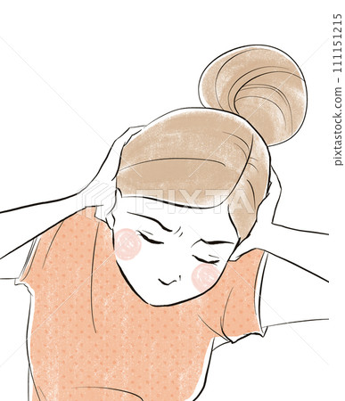Stock Illustration: A woman in a pink shirt holding her head and covering her ears 111151215