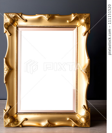 blank golden picture frame on the wooden table. Generative AI 111151520