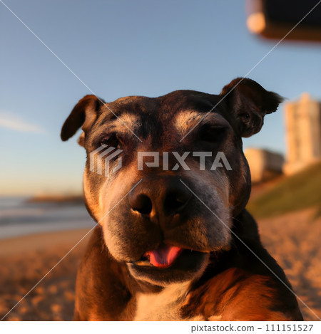 Dog taking a selfie on the sandy beach. Generative AI. 111151527