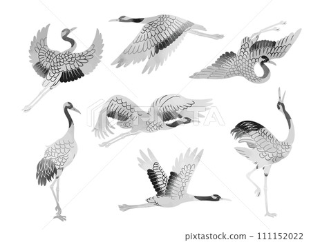 水墨畫風格起重機的向量插圖集 111152022