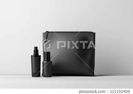 Black bag with set cosmetic products on grey background. 111152409