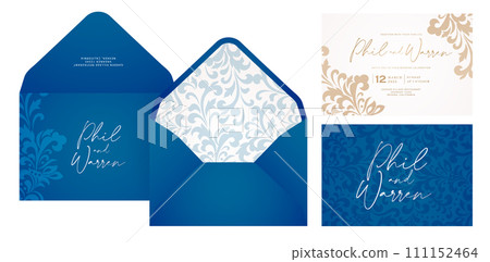 wedding invitation card envelope set design with blue and gold foil ornamental templates for Stationery, Layouts, collages, scene designs, event flyer, Holiday celebration cards papers printing covers 111152464