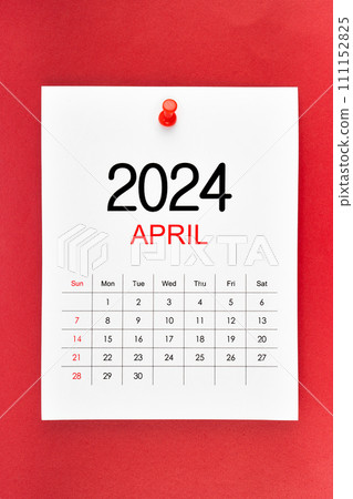 April 2024 calendar page with push pin on red background. 111152825
