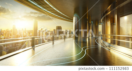 3D futuristic curved shapes design metal facade office exterior with stunning sunrise city skyline 111152983