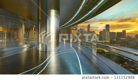3D futuristic curved shapes design metal facade office exterior with stunning sunrise city skyline 111152986