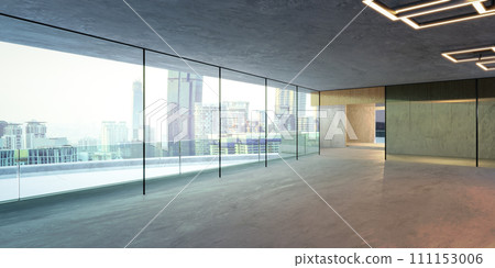 Cityscape view in new modern office with columns glass window 111153006