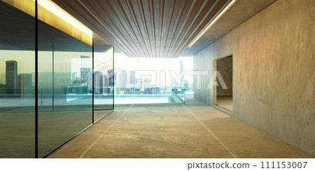 Cityscape view in new modern office corridor with columns glass window 111153007