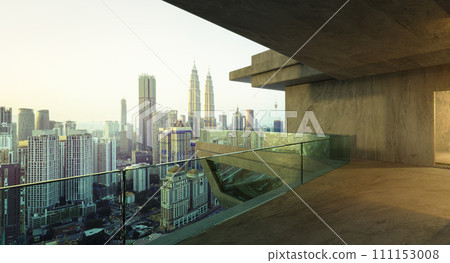 3D rendering cityscape view in balcony outside office glass railing 3D rendering cityscape view in balcony outside office glass railing 111153008