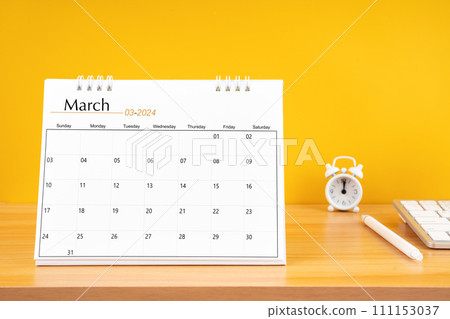 March 2024, Monthly desk calendar for 2024 year on wooden table. 111153037
