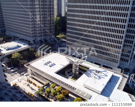 Aerial view of downtown Embarcadero buidlings and Flower sculpture 111153099