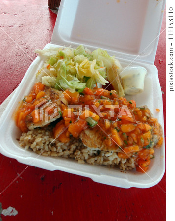 Fresh Ono with Papaya-mango salsa, brown rice, and tossed greens 111153110