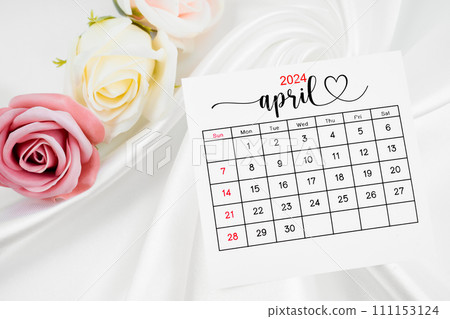 The April 2024 calendar page and rose flower on white satin textile background. The April 2024 calendar page and rose flower on white satin textile background. 111153124