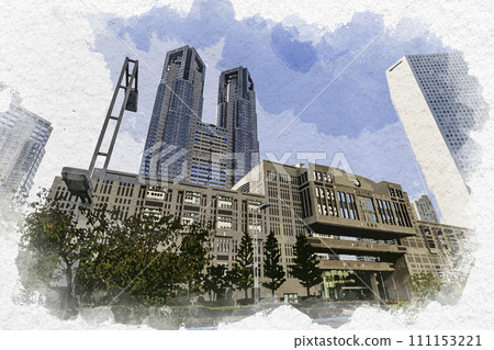 Watercolor style Nishi-Shinjuku Tokyo Metropolitan Assembly Building and Tokyo Metropolitan Government Building Shinjuku-ku, Tokyo 111153221