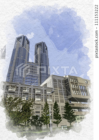 Watercolor style Nishi-Shinjuku Tokyo Metropolitan Assembly Building and Tokyo Metropolitan Government Building Shinjuku-ku, Tokyo 111153222