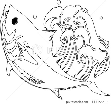 Line drawing of jumping tuna and waves 111153508