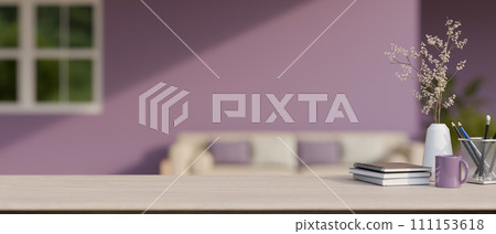 A space on a minimal wood tabletop with a blurred background of a modern purple living room. 111153618