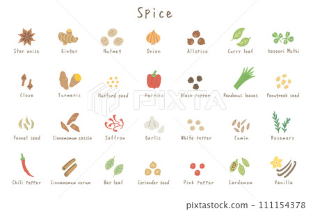 Illustrations of 28 types of spices (English names) 111154378