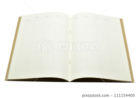 top view image of open planner notebook with blank page, paper isolated on white background 111154400