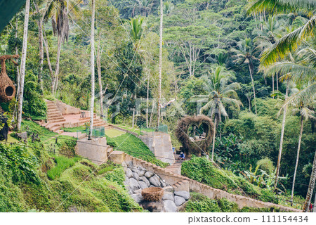 Tourist playing the Bali swing with the beautiful rice field terraces in the jungle of Ubud, Bali island of Indonesia. Tourist playing the Bali swing with the beautiful rice field terraces in the jungle of Ubud, Bali island of Indonesia. 111154434