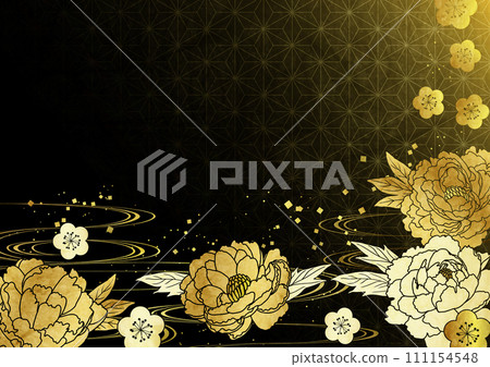日式，背景，牡丹，花朵，麻葉圖案，橫，黑色 111154548