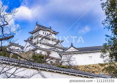 National treasure Himeji Castle, large castle tower and stone walls, Himeji City, Hyogo Prefecture 111155350