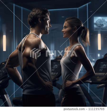 AI-generated content. Two athletes man and woman engage at a gym's treadmill station. 111155703