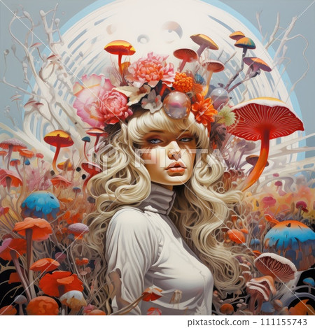 AI-generated content. fantastical portrait of a woman with floral and fungi adornments AI-generated content. fantastical portrait of a woman with floral and fungi adornments 111155743