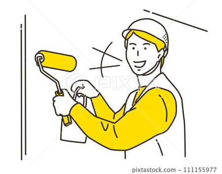 Male worker smiling and looking at camera with paint roller Male worker smiling and looking at camera with paint roller 111155977