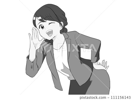 A woman greeting with her hands on her hips, winking, gray 111156143