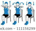 Illustration of a woman sitting on a chair and stretching to relieve stiff shoulders 111156299