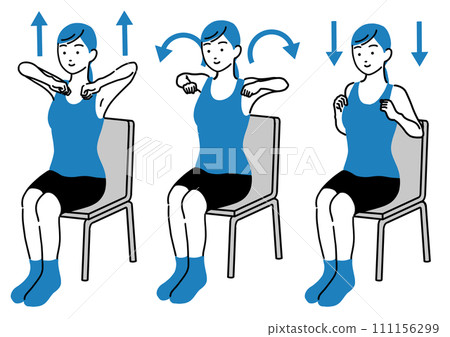 Illustration of a woman sitting on a chair and stretching to relieve stiff shoulders 111156299