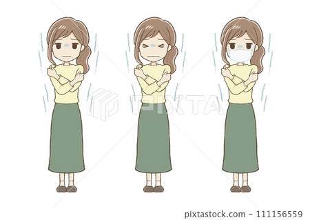 A woman in a long skirt shivering from the cold (2 expressions + mask) 111156559