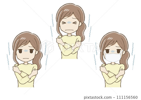 身穿黃色衣服、凍得發抖的女人（2 個臉部表情 + 面具）上半身 111156560