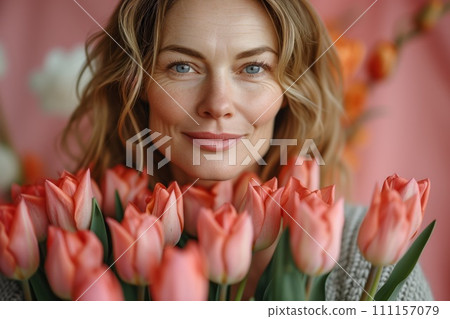 AI-generated content. Cheerful middle-aged lady in a sweater with a colorful bouquet. Joyful lady holding spring flowers in a cozy home setting. 111157079