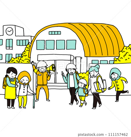 A family heading to a nearby school evacuation center during a disaster A family heading to a nearby school evacuation center during a disaster 111157462