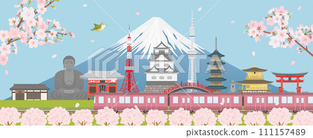 A train running through the streets of Japan in spring 111157489