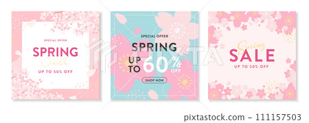 Sale banner background set with cherry blossom design (vector illustration) 111157503