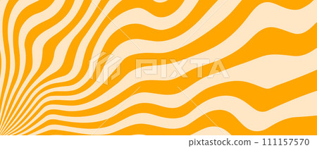 Orange trippy burst lines background. Psychedelic wavy stripes wallpaper. Groovy twisted sunburst swirl. Distorted curly wave texture design for poster, banner, flyer, cover. Vector backdrop 111157570