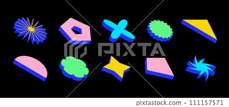 Colorful isometric shape set. Volumetric geometric collection. Bright retro brutalist form pack. Vintage Y2k abstract game elements for poster, cover, banner. Bauhaus or Memphis style pack. Vector 111157571
