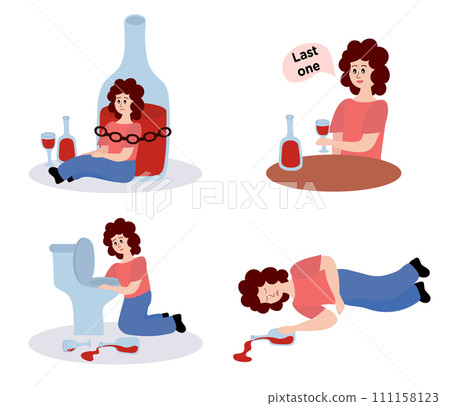 Alcohol abuse and addiction concept. Set of drunk woman with bottles of alcoholic drinks. Addicted drinker with unhealthy habit and alcoholism. Flat vector illustrations isolated on white background. 111158123