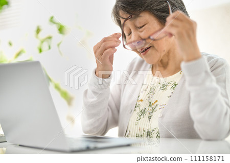 Senior woman wearing reading glasses and looking at a computer Senior woman wearing reading glasses and looking at a computer 111158171