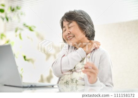 Senior woman wearing reading glasses and looking at a computer 111158172