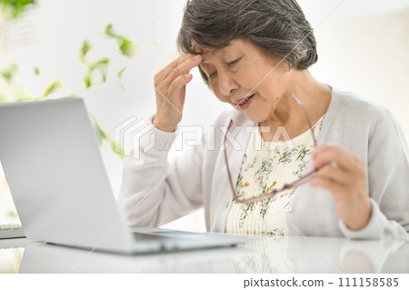 戴著老花眼鏡看著電腦的高級女性 戴著老花眼鏡看著電腦的高級女性 111158585