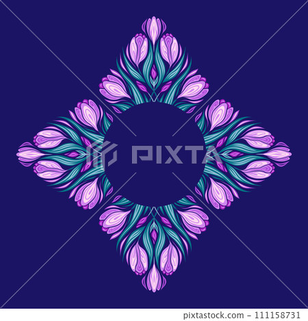 Vector frame with crocuses, foliages and place for text. Decorative card of spring flowers and copy space on violet background. Vector frame with crocuses, foliages and place for text. Decorative card of spring flowers and copy space on violet background. 111158731