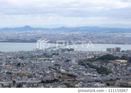 Omi Ohashi Bridge over Lake Biwa and surrounding scenery 111158867