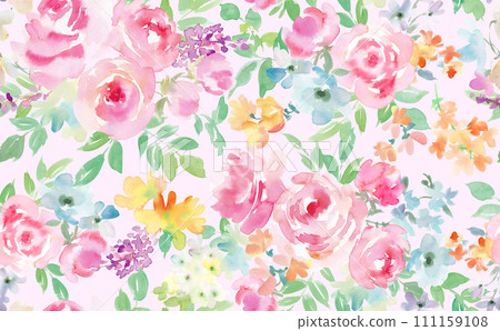 Seamless pattern of pink roses and flowers painted in watercolor Seamless pattern of pink roses and flowers painted in watercolor 111159108