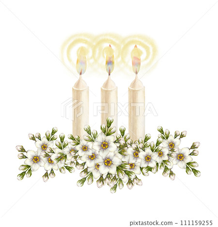 Watercolor bouquet of white primroses - forget-me-not flowers with candles for Easter, wedding, Women's Day, Valentine's Day, birthday, Mother's, Father's Day, spring and summer bouquets Watercolor bouquet of white primroses - forget-me-not flowers with candles for Easter, wedding, Women's Day, Valentine's Day, birthday, Mother's, Father's Day, spring and summer bouquets 111159255