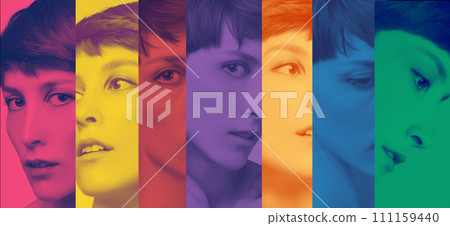 Collage of colorful faces of beautiful woman. Female face close up. 111159440